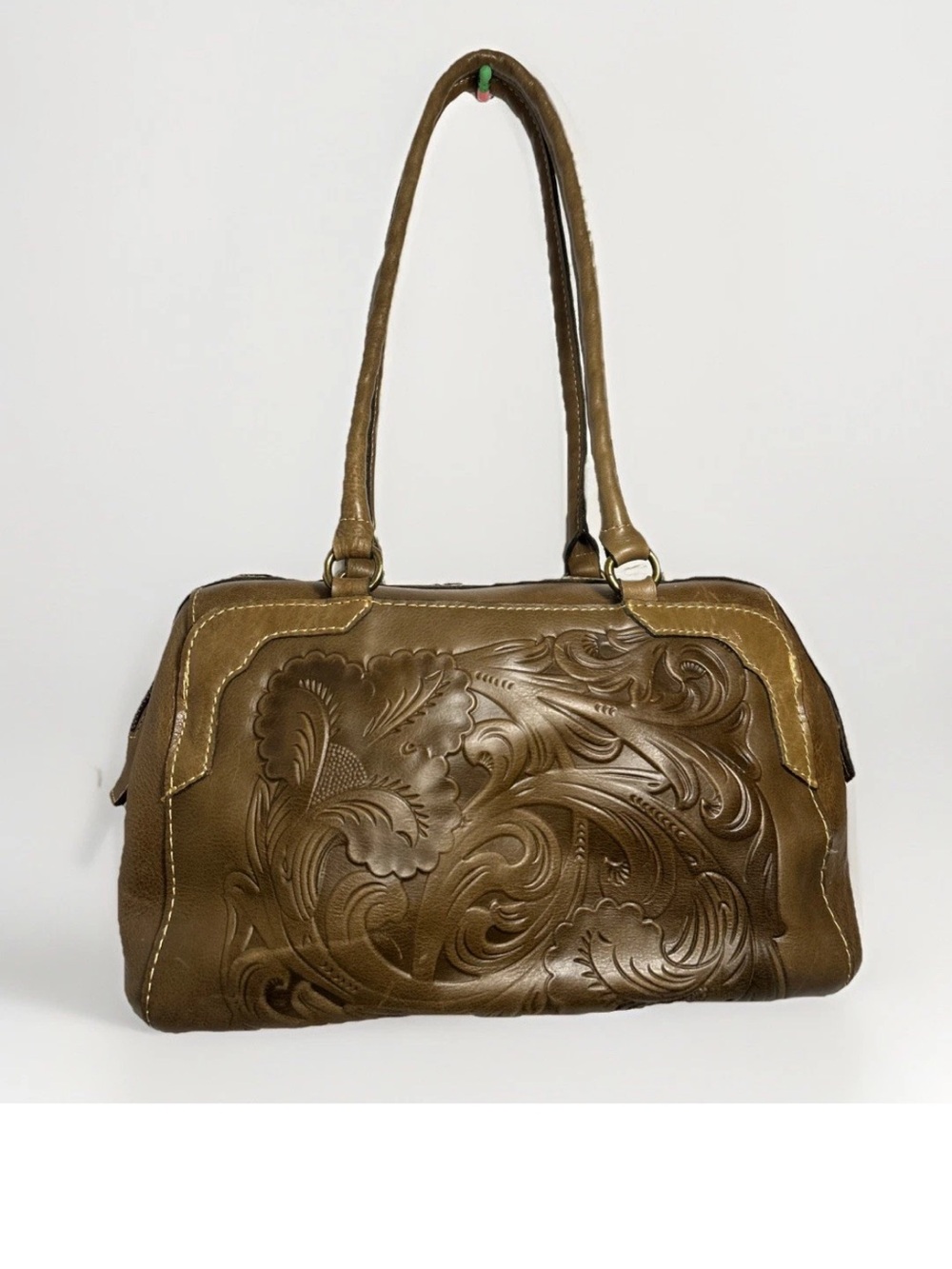 Patricia Nash Olive Drab Green Leather Shoulder Bag/ Tote w Embossed Flowers